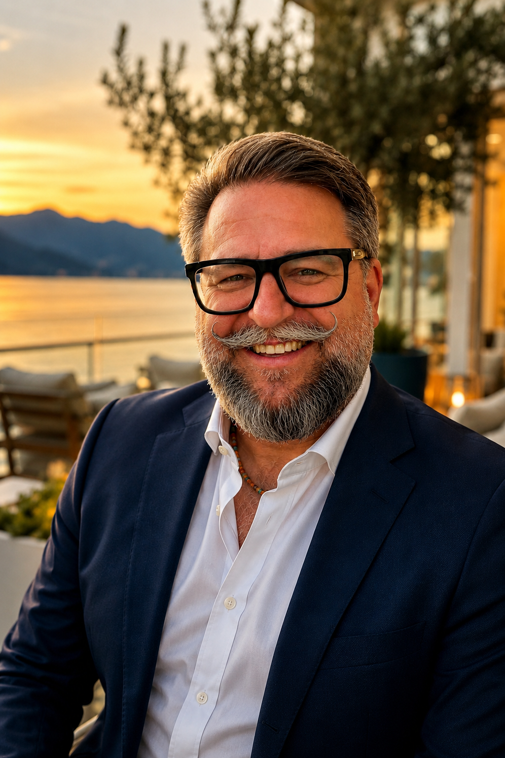 Cédric Borboën, président fondateur de FOROM, souriant au bord du Léman au coucher du soleil