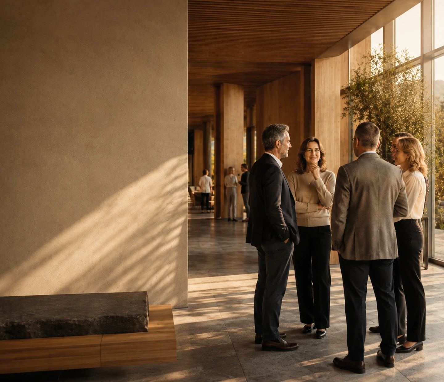 Des dirigeantes et dirigeants en pleine conversation lors d'une rencontre FOROM, dans un hall chaleureux