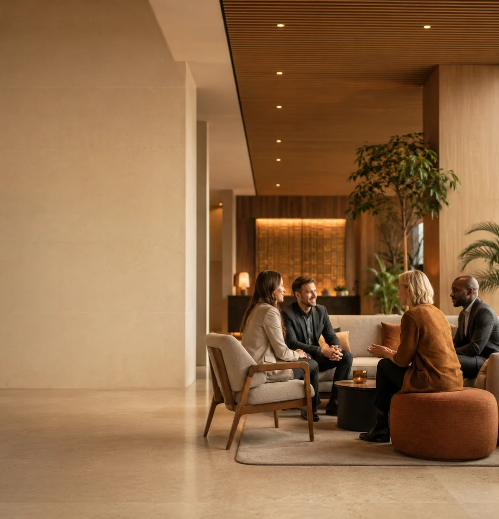 Conversation détendue entre quatre décideur·es dans un salon chaleureux